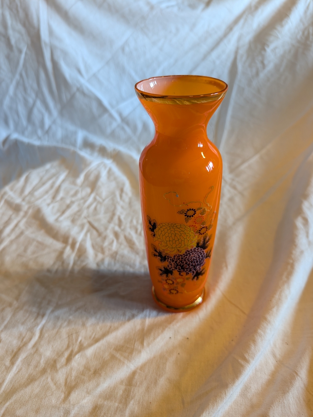 2/30$ Vintage Orange Glass Vase with Floral Decoration